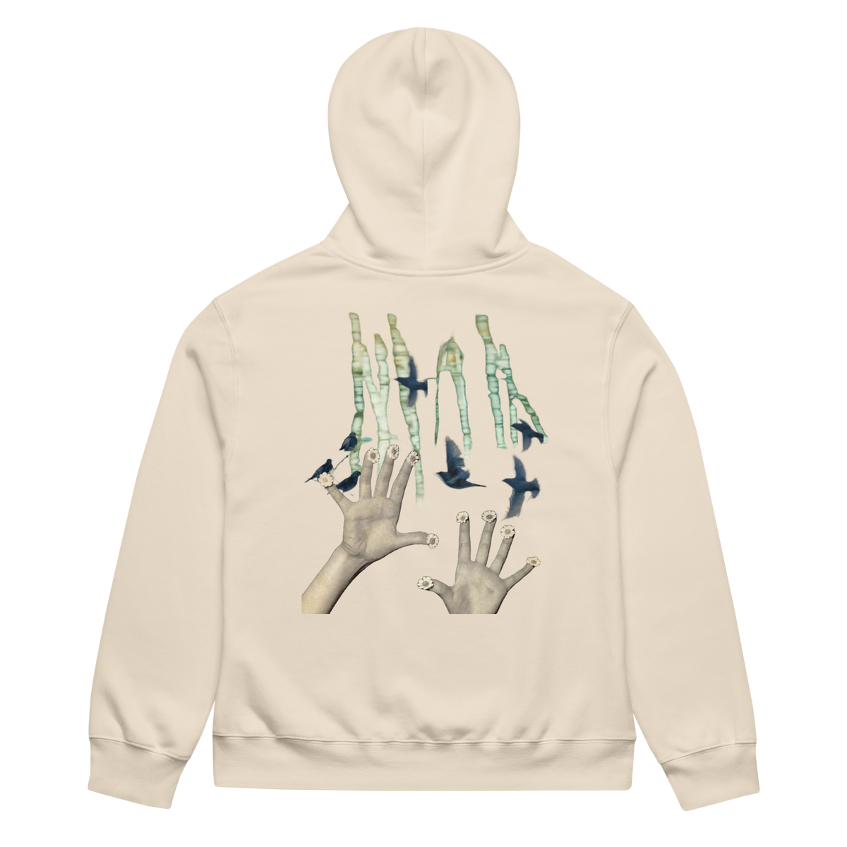 Beige hoodie with a graphic design on the back featuring hands and birds on a white background