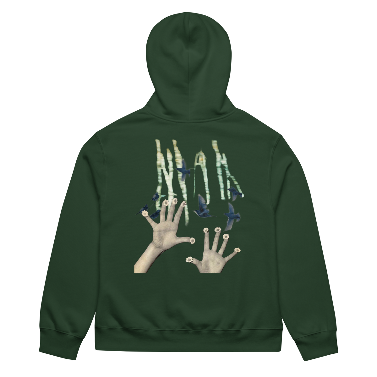 Green hoodie with artistic designs on the back against a white background