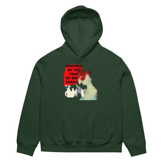Green hoodie with a graphic design on the chest against a white background