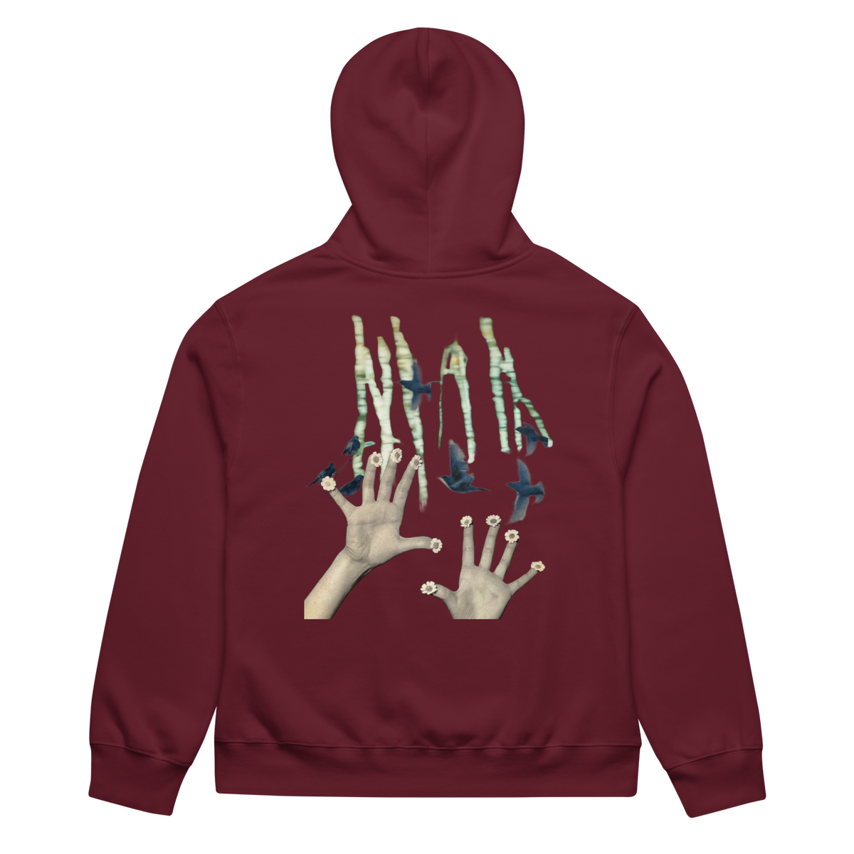 Maroon hoodie with a graphic design on the back featuring hands and stars on a white background