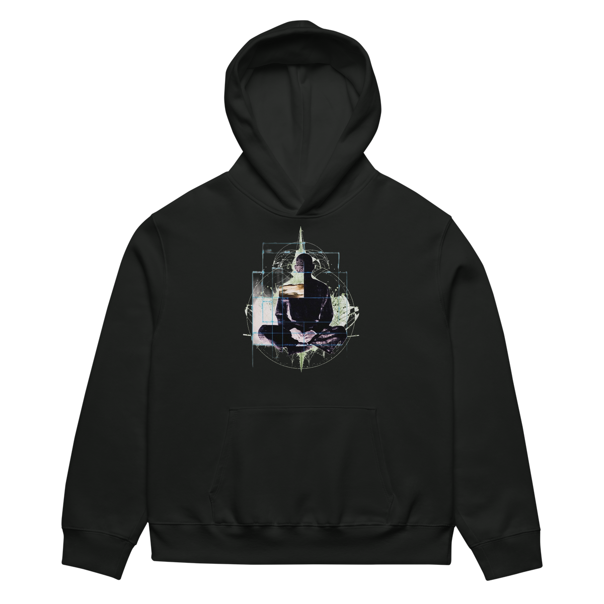Black hoodie with a graphic design on the chest against a white background