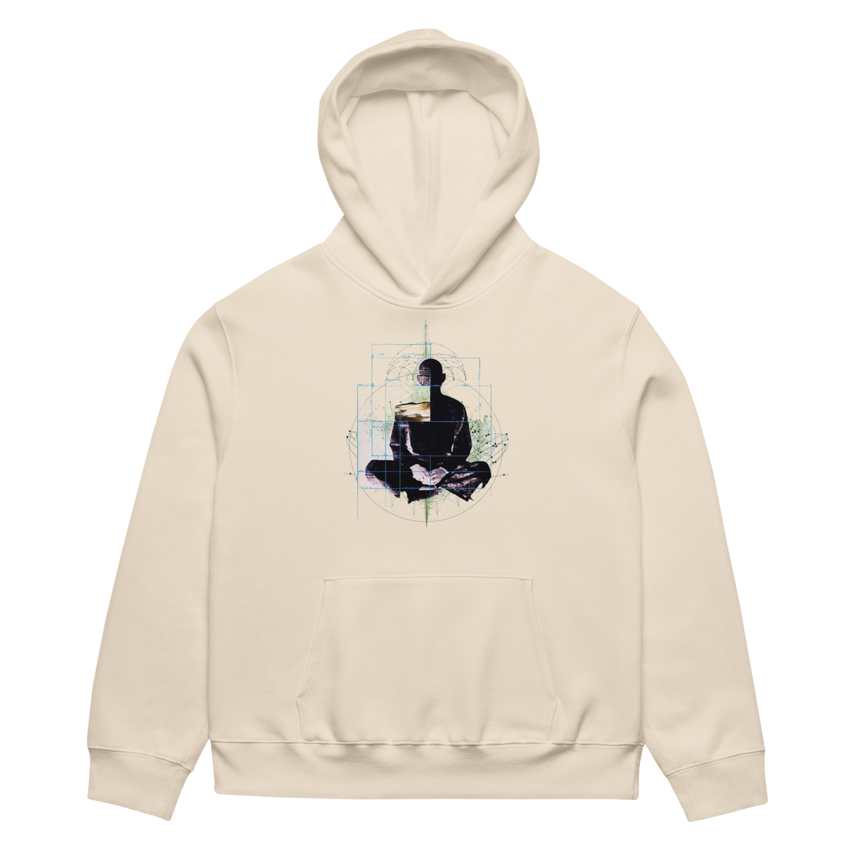 Beige hoodie with a graphic of a person in a meditative pose on a white background