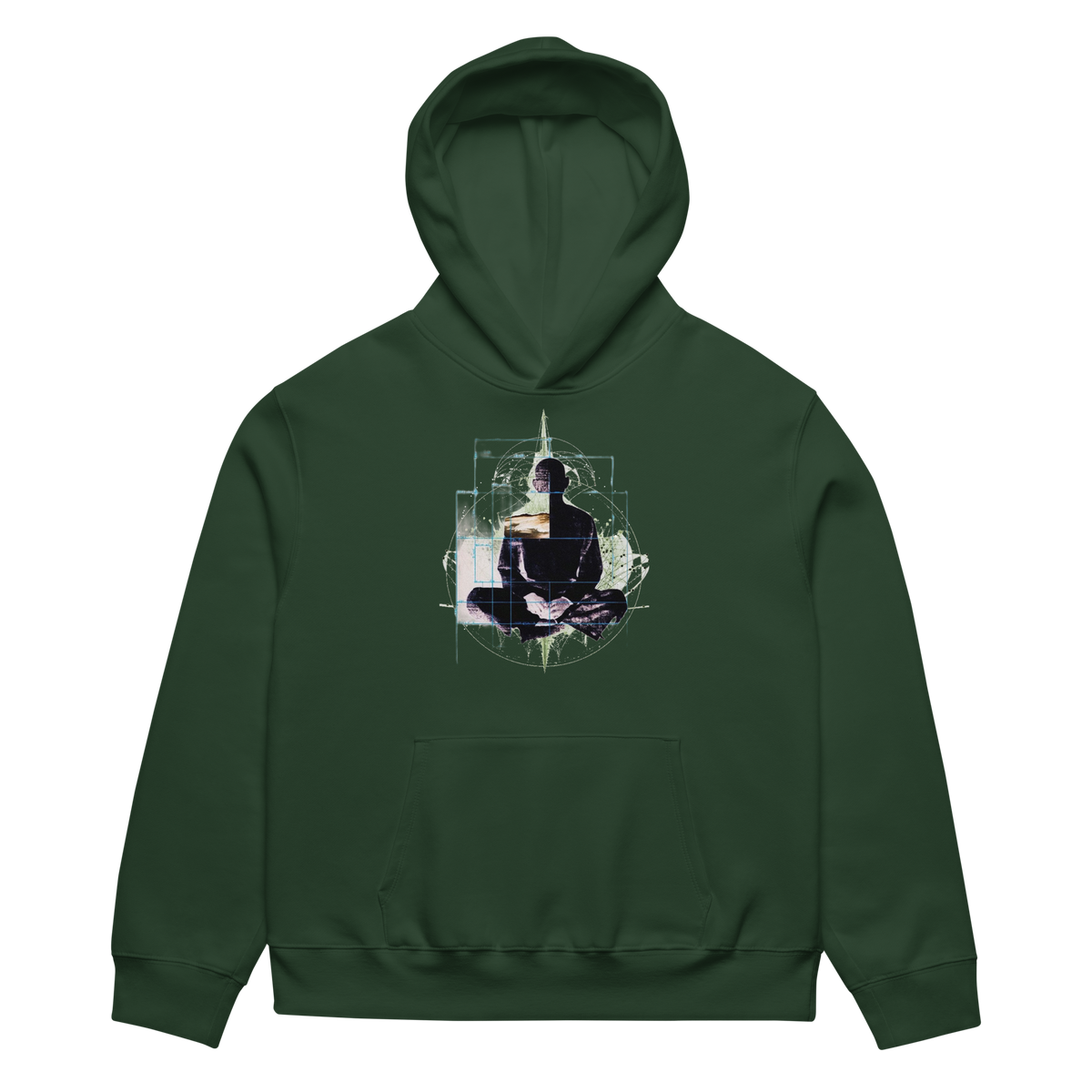 Green hoodie with a graphic of a person sitting in a lotus position on a white background