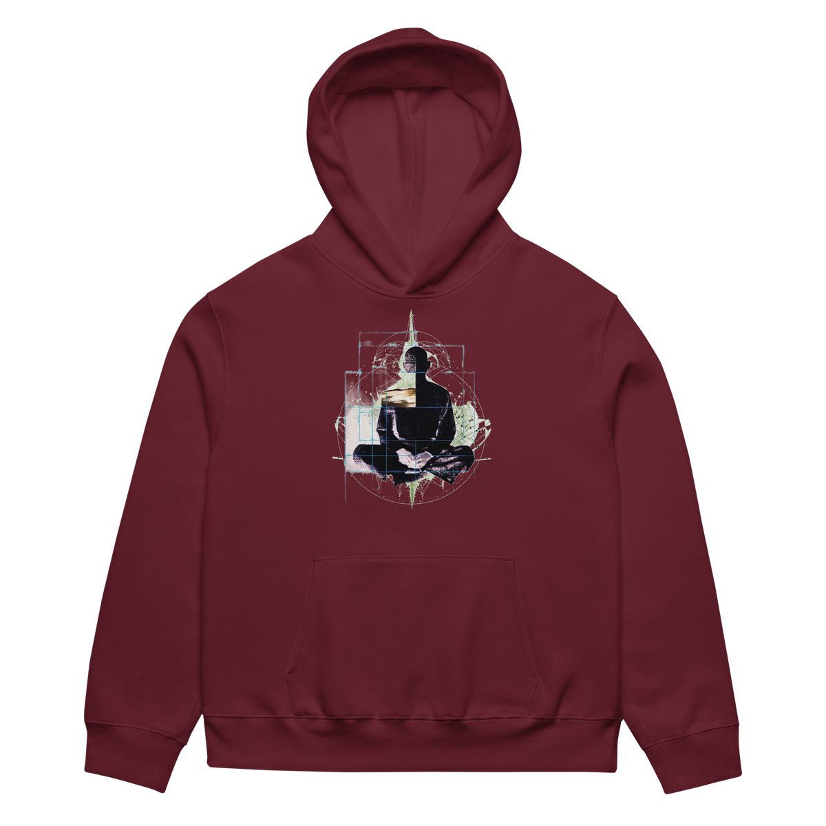 Maroon hoodie with a graphic design on the back against a white background