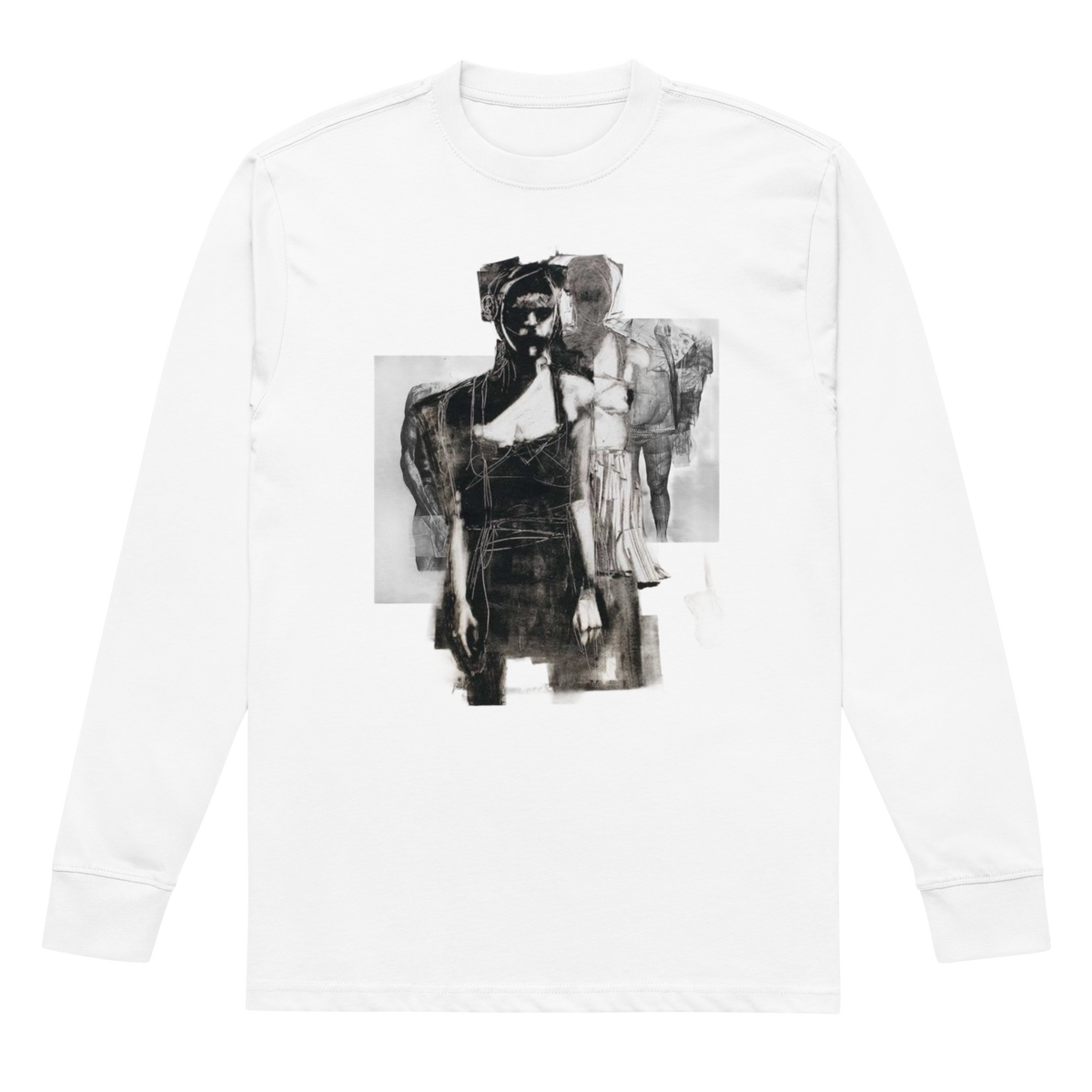 A white long-sleeve crewneck t-shirt featuring a black and white graphic print of two stylized figures on the front, displayed against a solid white background.