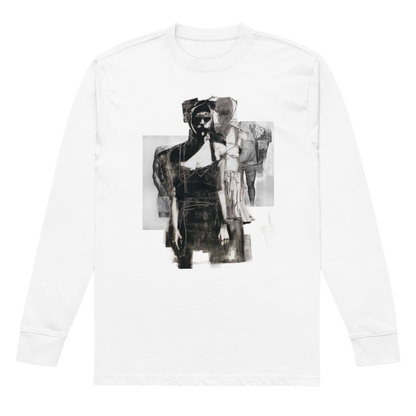 A white long-sleeve crewneck t-shirt featuring a black and white graphic print of two stylized figures on the front, displayed against a solid white background.