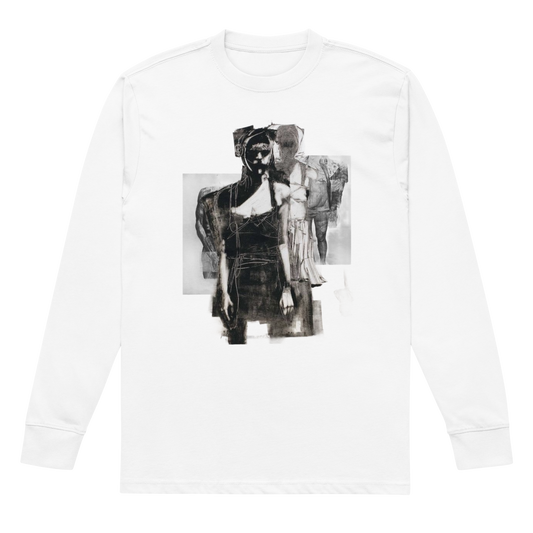 A white long-sleeve crewneck t-shirt featuring a black and white graphic print of two stylized figures on the front, displayed against a solid white background.