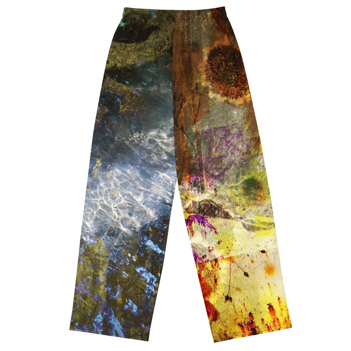 A pair of wide-leg pants featuring a split abstract design: one leg has a blue, gray, and green water-like pattern, while the other has a brown, gold, and purple paint-splatter pattern, shown against a plain white background.