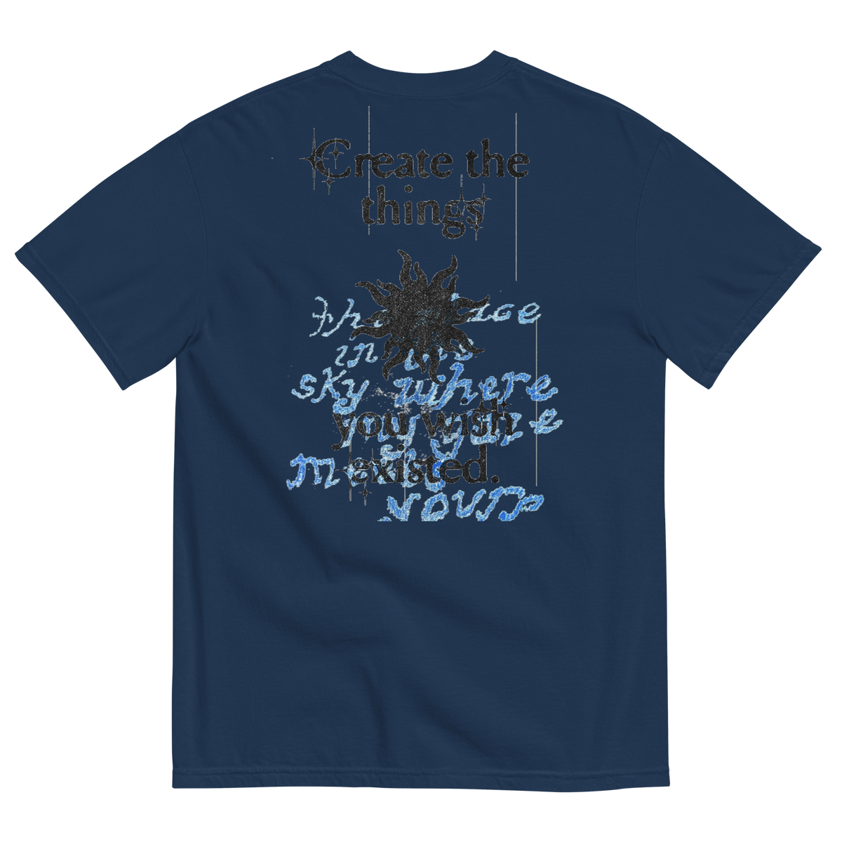 Navy blue t-shirt with text and star design on a white background