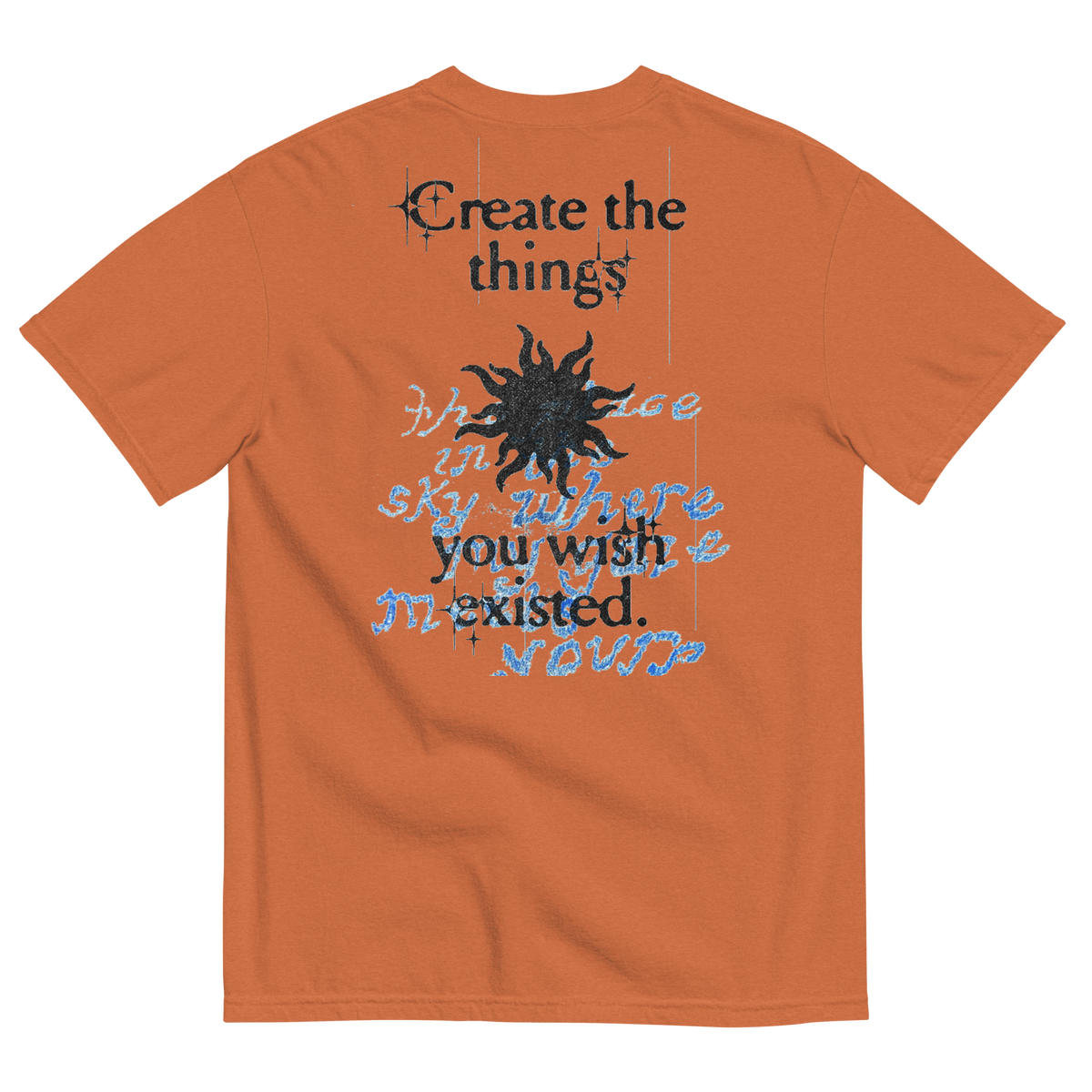 Orange t-shirt with text and sun graphic on the back, on a white background