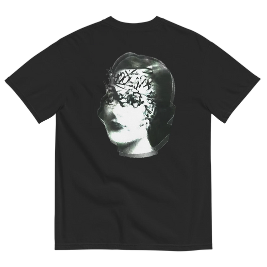 Black t-shirt with a graphic of a classical sculpture on a white background