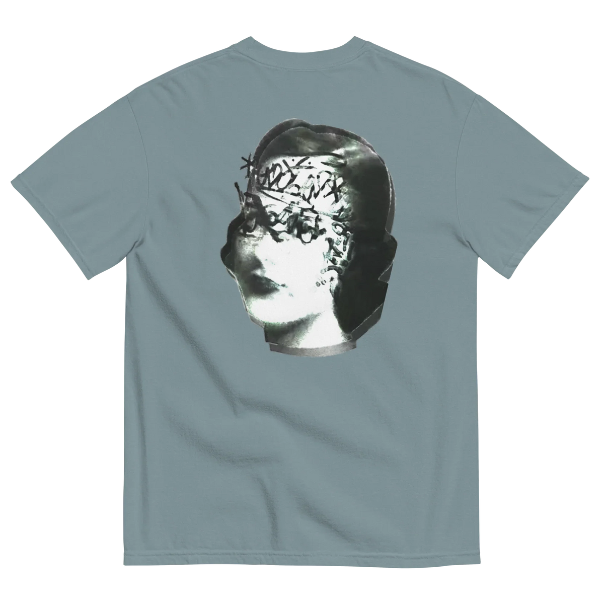 Light blue t-shirt with a graphic of a classical bust and floral crown on a white background