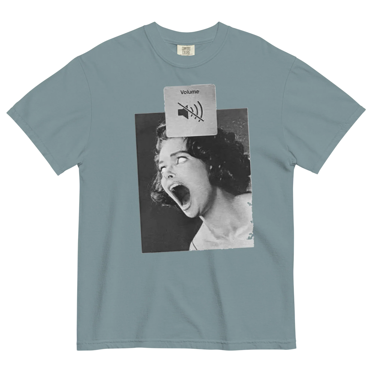 Gray t-shirt with a graphic design of a woman yelling and a volume icon on a white background