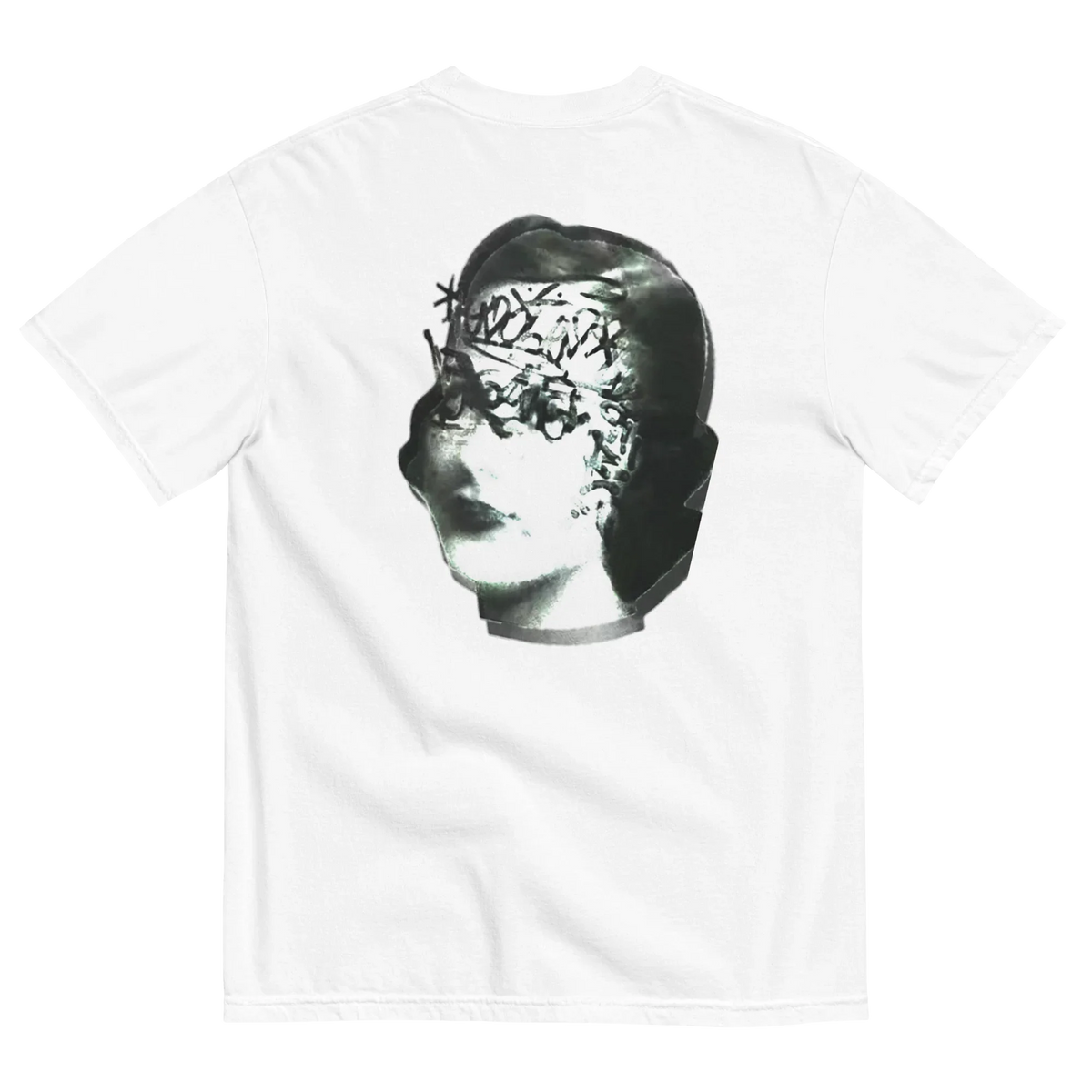 White t-shirt with a graphic of a classical sculpture on a white background