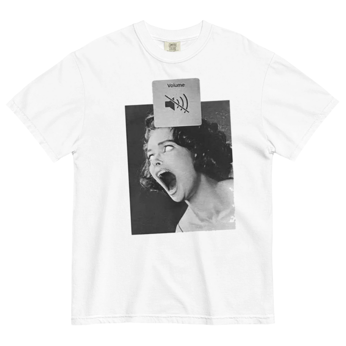 White t-shirt with a graphic design of a woman yelling and a volume icon on a white background