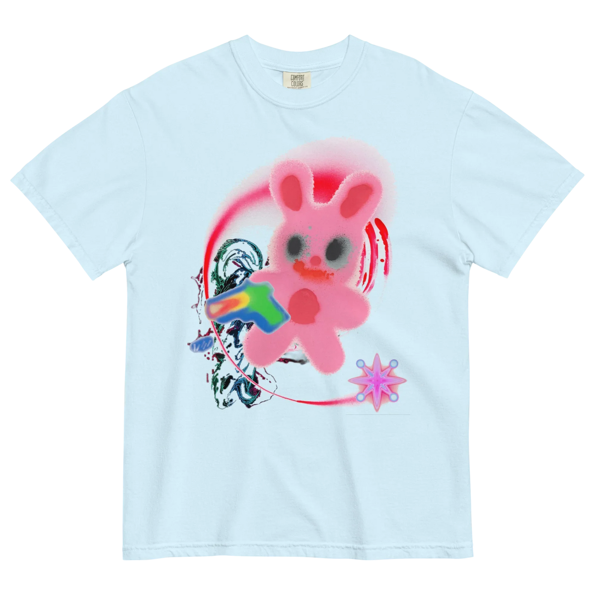 Blue t-shirt with a colorful graphic of a pink bunny & abstract details.