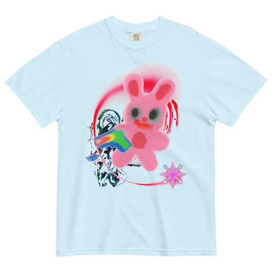Blue t-shirt with a colorful graphic of a pink bunny & abstract details.