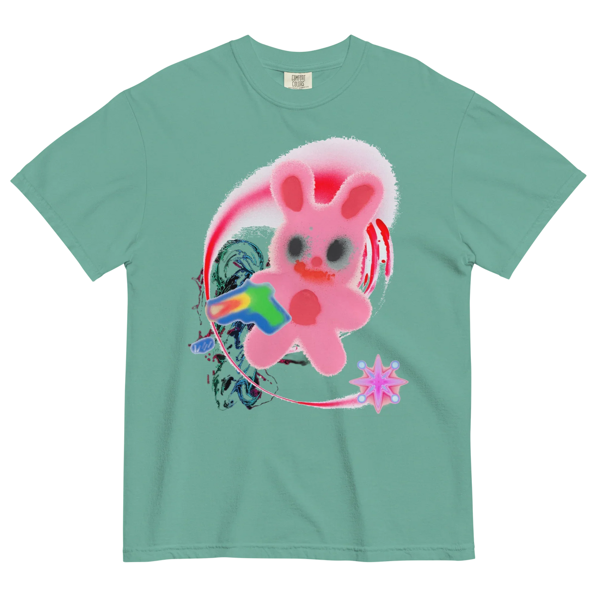Green t-shirt with a colorful graphic of a pink bunny & abstract details.