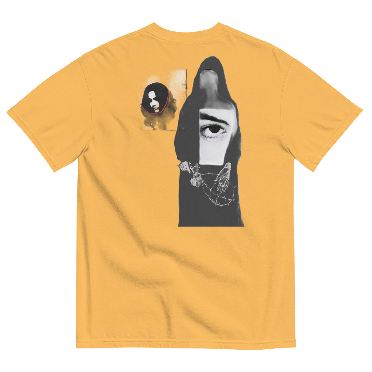 Yellow t-shirt with abstract design of ladies with misplaced faces and black and white elements 