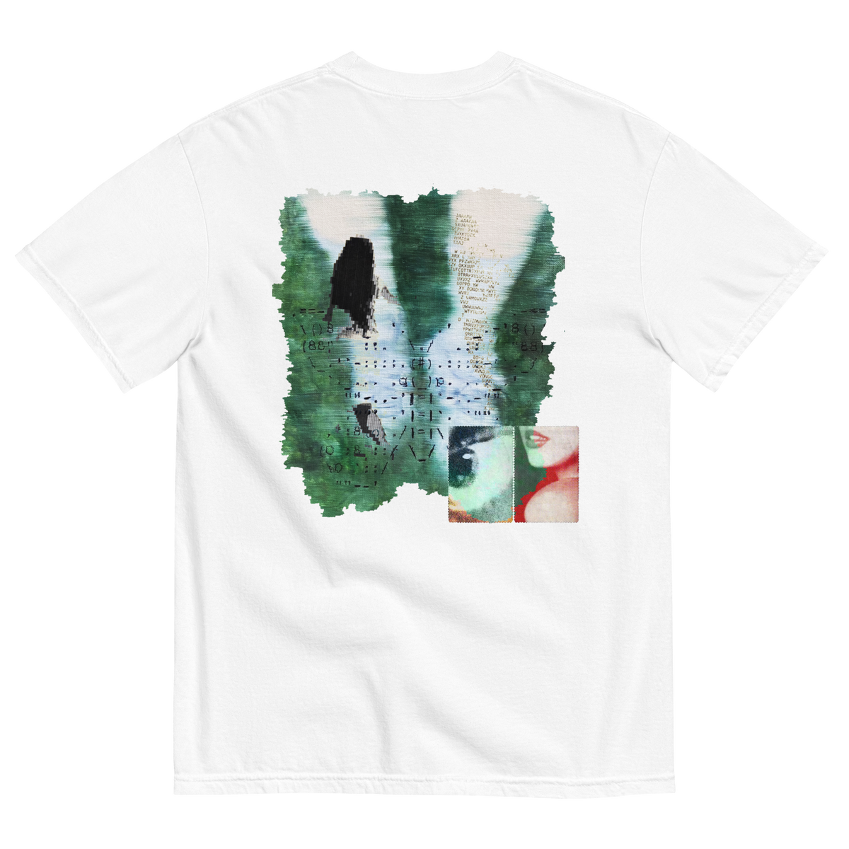 White t-shirt with a graphic design on the back featuring surreal nature elements with emotions