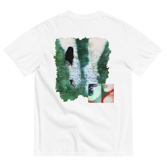 White t-shirt with a graphic design on the back featuring surreal nature elements with emotions