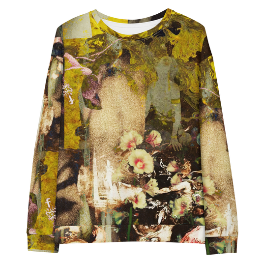 A long-sleeve crewneck sweatshirt featuring a complex collage print with yellow, beige, brown, and pink floral elements, shown flat against a white background.