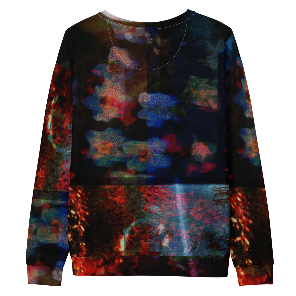 A crewneck sweatshirt featuring an all-over abstract, multicolored print with a dark base and vibrant red, blue, and orange patterns, shown against a plain white background.