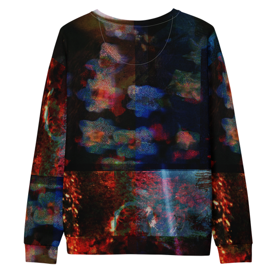 A crewneck sweatshirt featuring an all-over abstract, multicolored print with a dark base and vibrant red, blue, and orange patterns, shown against a plain white background.