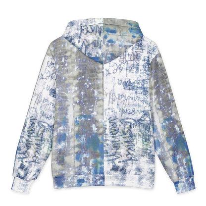 A hooded sweatshirt shown from the back, featuring an all-over abstract graffiti-style print with blue, gray, beige, and white tones.