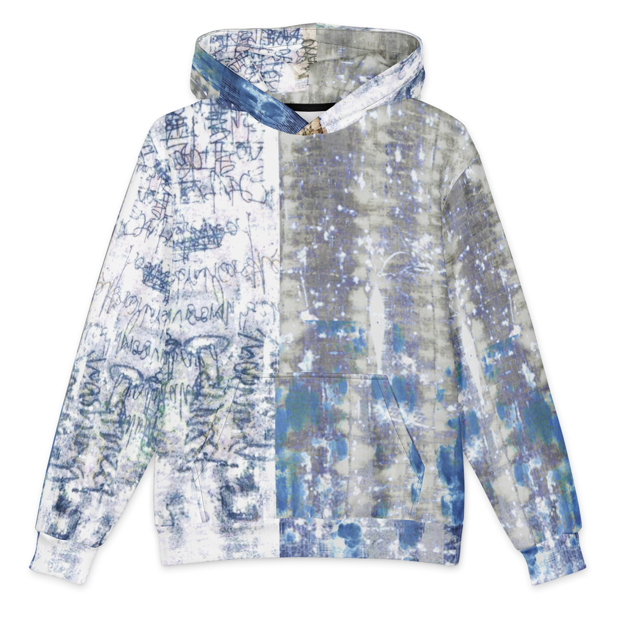 A pullover hoodie with a split design: one half features blue graffiti-style text and scribbles on a white background, while the other half displays a blue, gray, and white abstract paint splatter pattern.