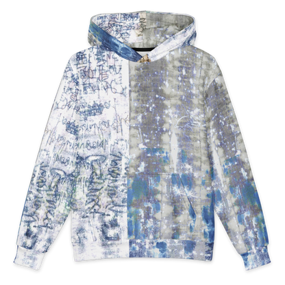 A pullover hoodie with a split design: one half features blue graffiti-style text and scribbles on a white background, while the other half displays a blue, gray, and white abstract paint splatter pattern.