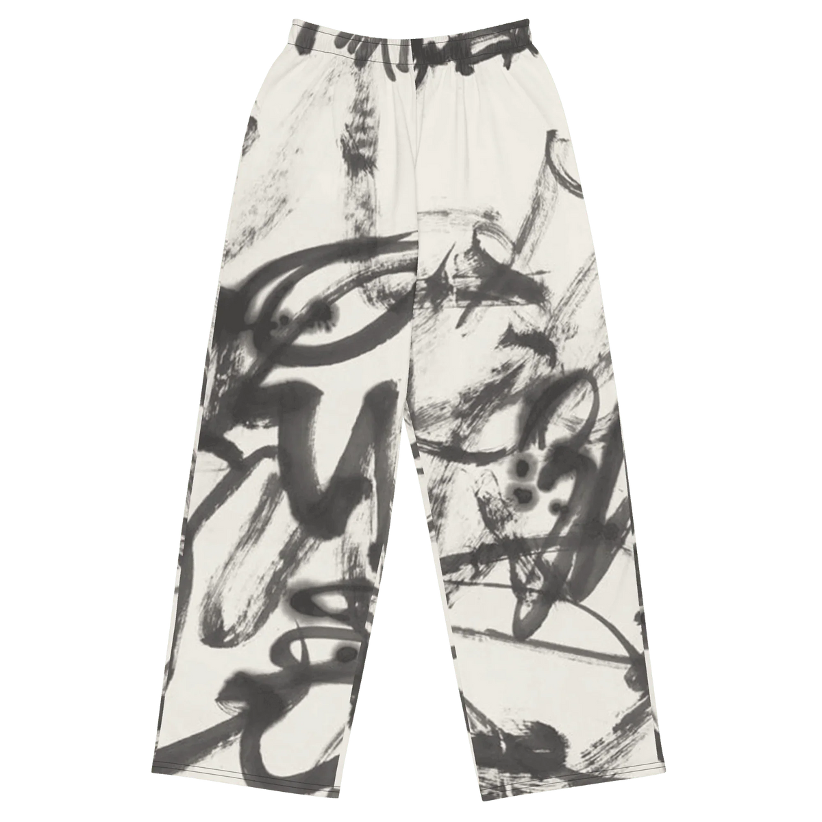 White pants with black abstract brushstroke pattern on a white background