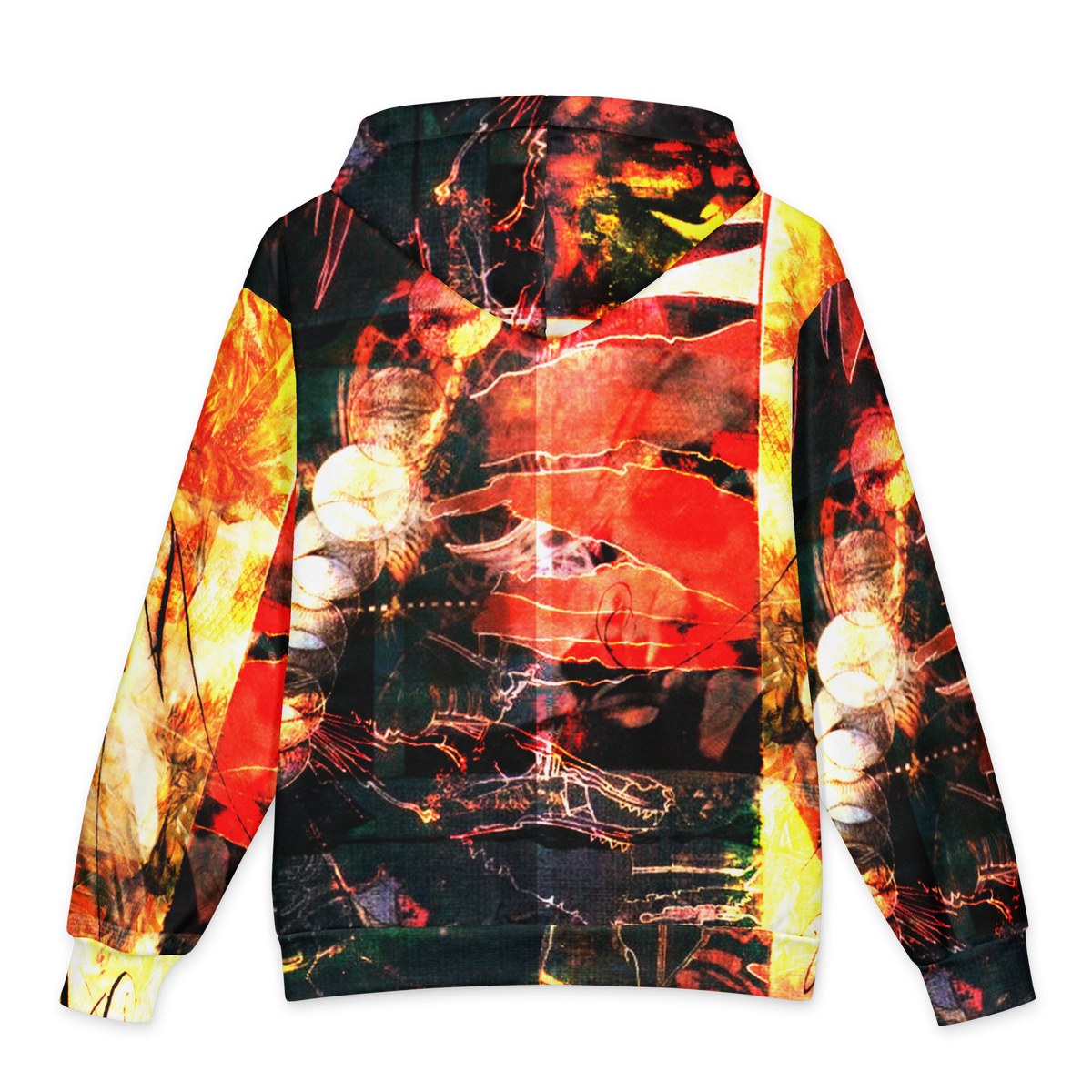 A hooded sweatshirt shown from the back, featuring an all-over abstract print with a complex mix of fiery reds, oranges, yellows, black, and white brushstrokes and light effects.