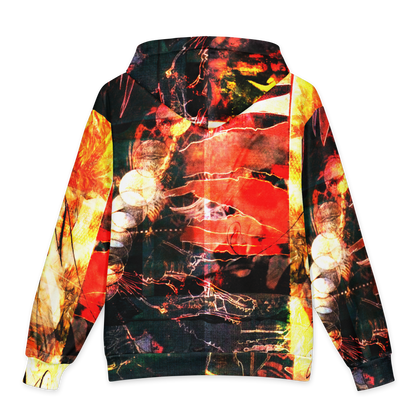 A hooded sweatshirt shown from the back, featuring an all-over abstract print with a complex mix of fiery reds, oranges, yellows, black, and white brushstrokes and light effects.