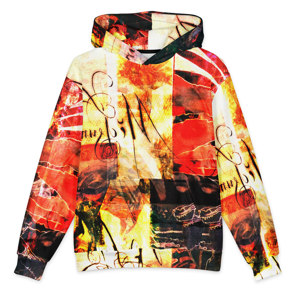 A pullover hoodie featuring an all-over abstract collage print with musical notes and instruments in red, orange, yellow, black, and white, shown on a plain white background.