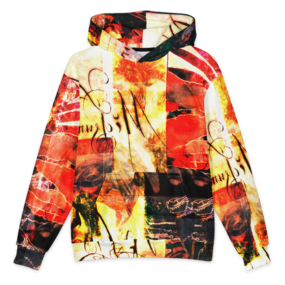 A pullover hoodie featuring an all-over abstract collage print with musical notes and instruments in red, orange, yellow, black, and white, shown on a plain white background.