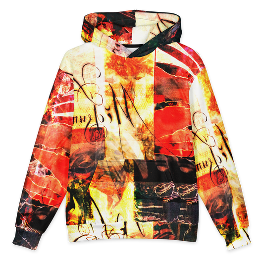 A pullover hoodie featuring an all-over abstract collage print with musical notes and instruments in red, orange, yellow, black, and white, shown on a plain white background.