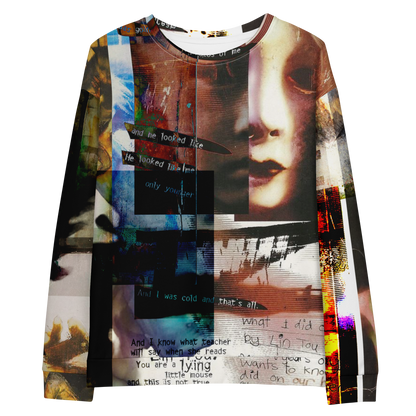 A long-sleeve crewneck sweatshirt featuring a complex, collage-style graphic print with a portrait of a woman's face, handwritten text, and abstract textures in a multicolor palette of beige, brown, black, blue, and red.