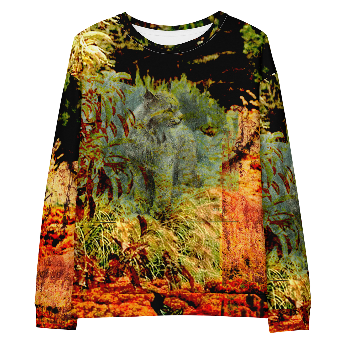 A long-sleeve crewneck sweatshirt featuring a detailed, painterly nature print of a gray wolf surrounded by green ferns and warm orange-brown foliage, shown against a plain white background.
