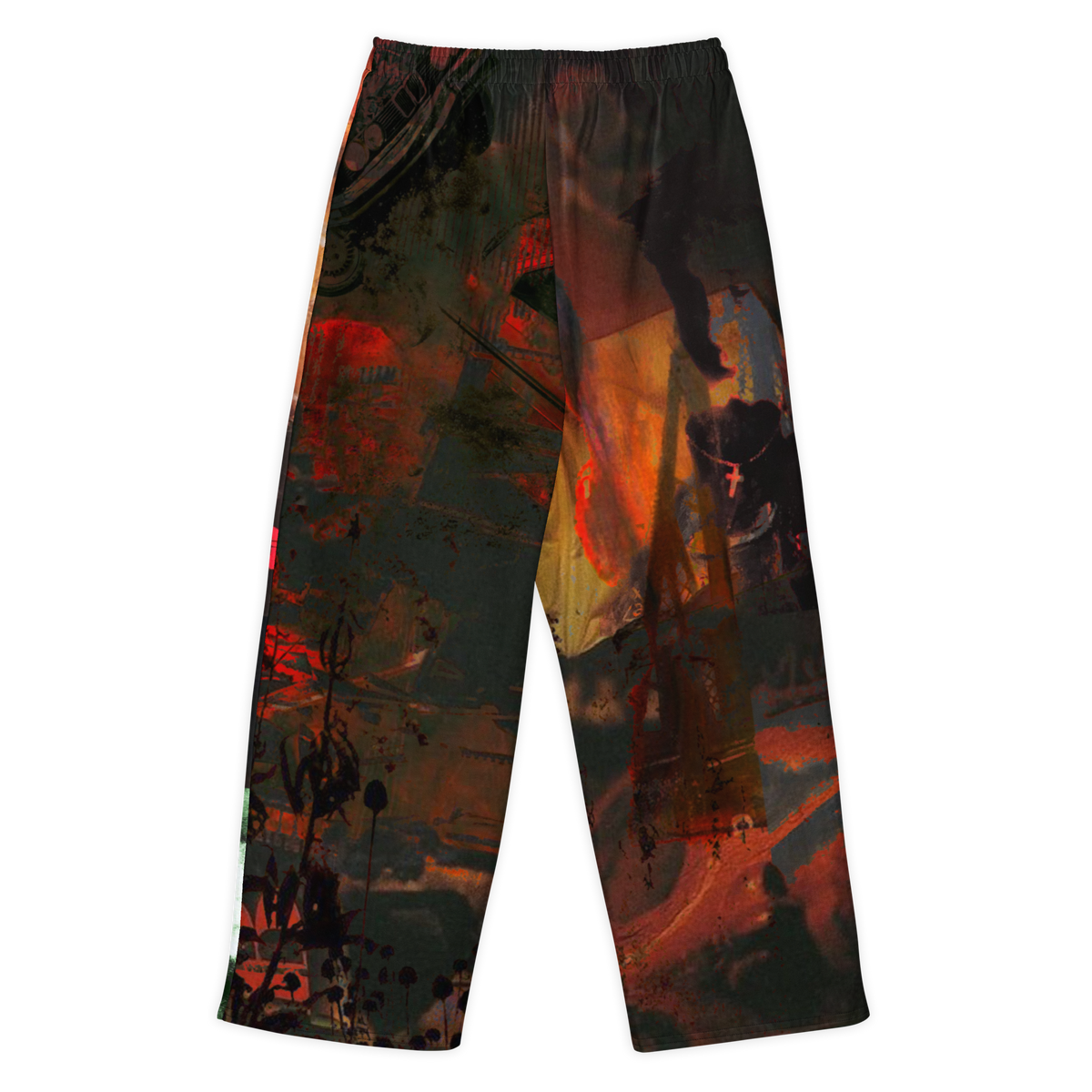 A pair of wide-leg pants featuring an abstract, painterly graphic print in dark green, black, red, orange, and brown tones, displayed flat against a solid white background.
