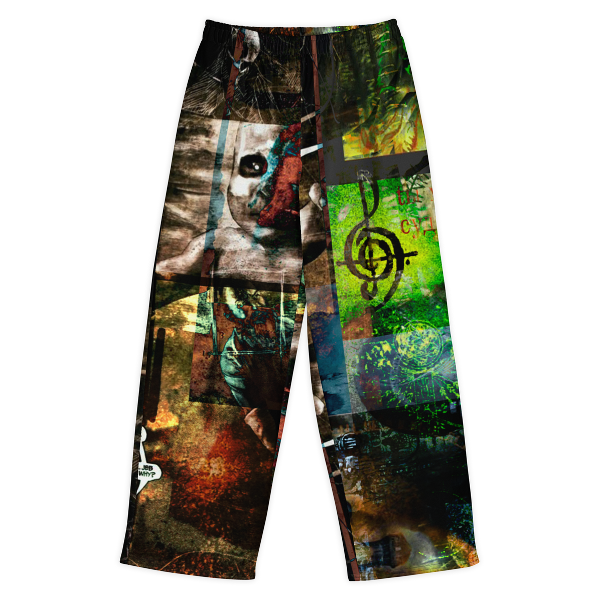 A pair of wide-leg athletic pants featuring a complex, multi-panel collage print with a skull, musical notes, and abstract textures in green, black, brown, and red, shown against a plain white background.