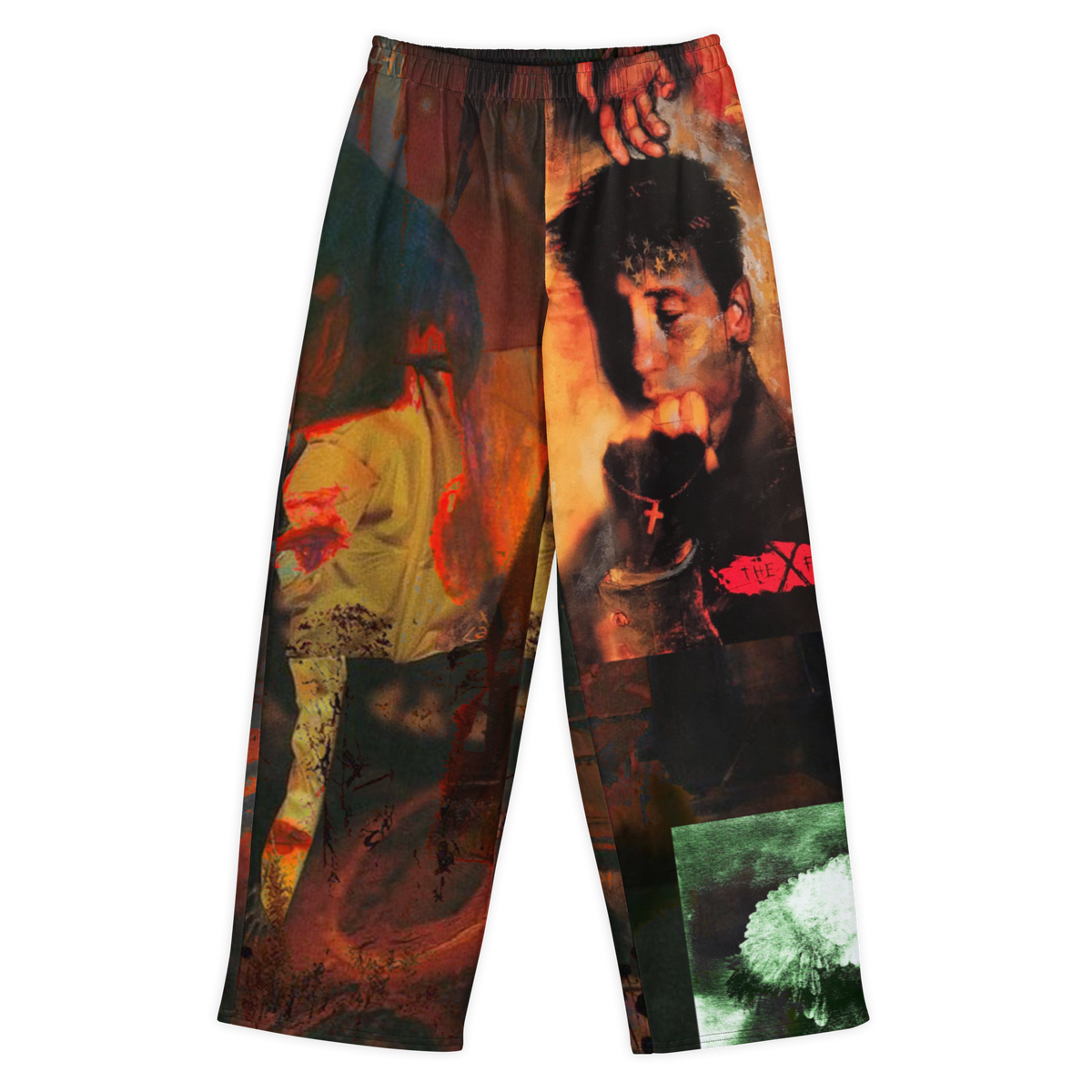 A pair of wide-leg sweatpants featuring a complex, artistic collage print with portraits, abstract textures, and graphic elements in dark red, orange, black, and green tones, shown against a plain white background.