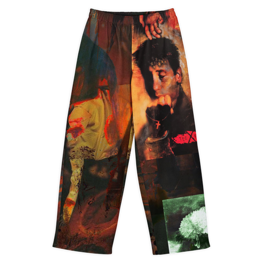 A pair of wide-leg sweatpants featuring a complex, artistic collage print with portraits, abstract textures, and graphic elements in dark red, orange, black, and green tones, shown against a plain white background.