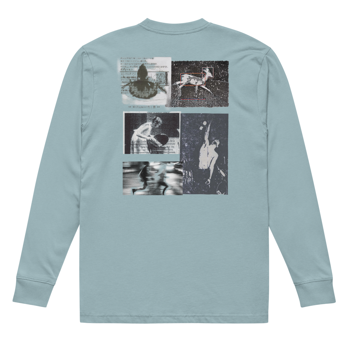 A light blue long-sleeve t-shirt shown from the back, featuring a large four-panel collage graphic on the upper back with black and white artistic prints.