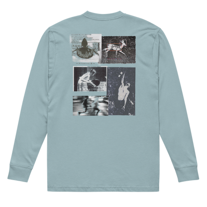 A light blue long-sleeve t-shirt shown from the back, featuring a large four-panel collage graphic on the upper back with black and white artistic prints.