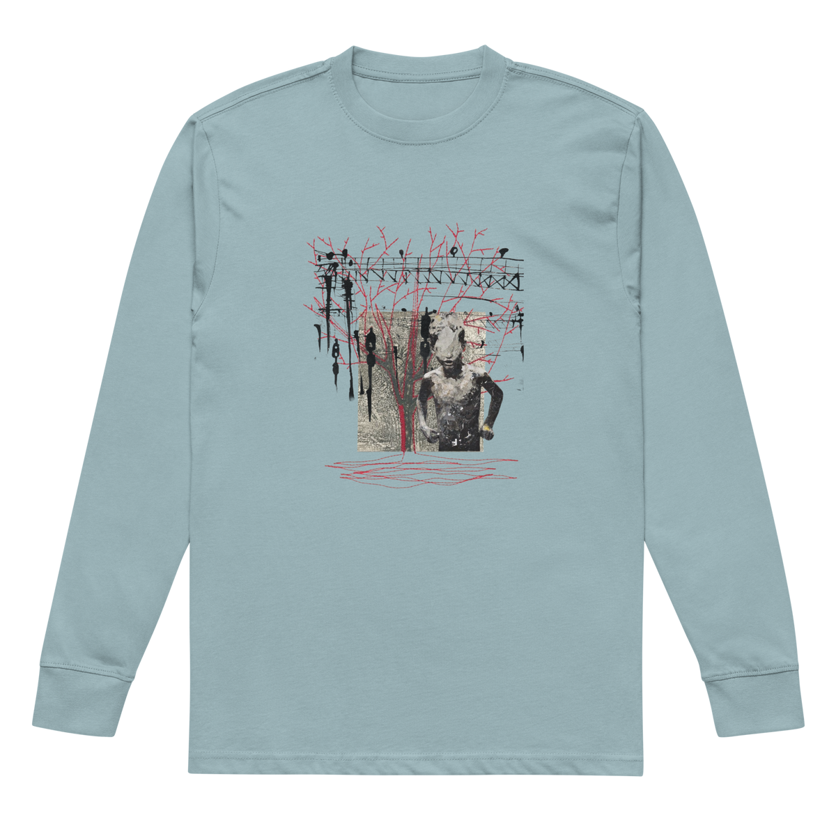 A light blue long-sleeve crewneck t-shirt with a central graphic print featuring a collage of a statue, a figure, and red scribbled lines, displayed on a clean white background.