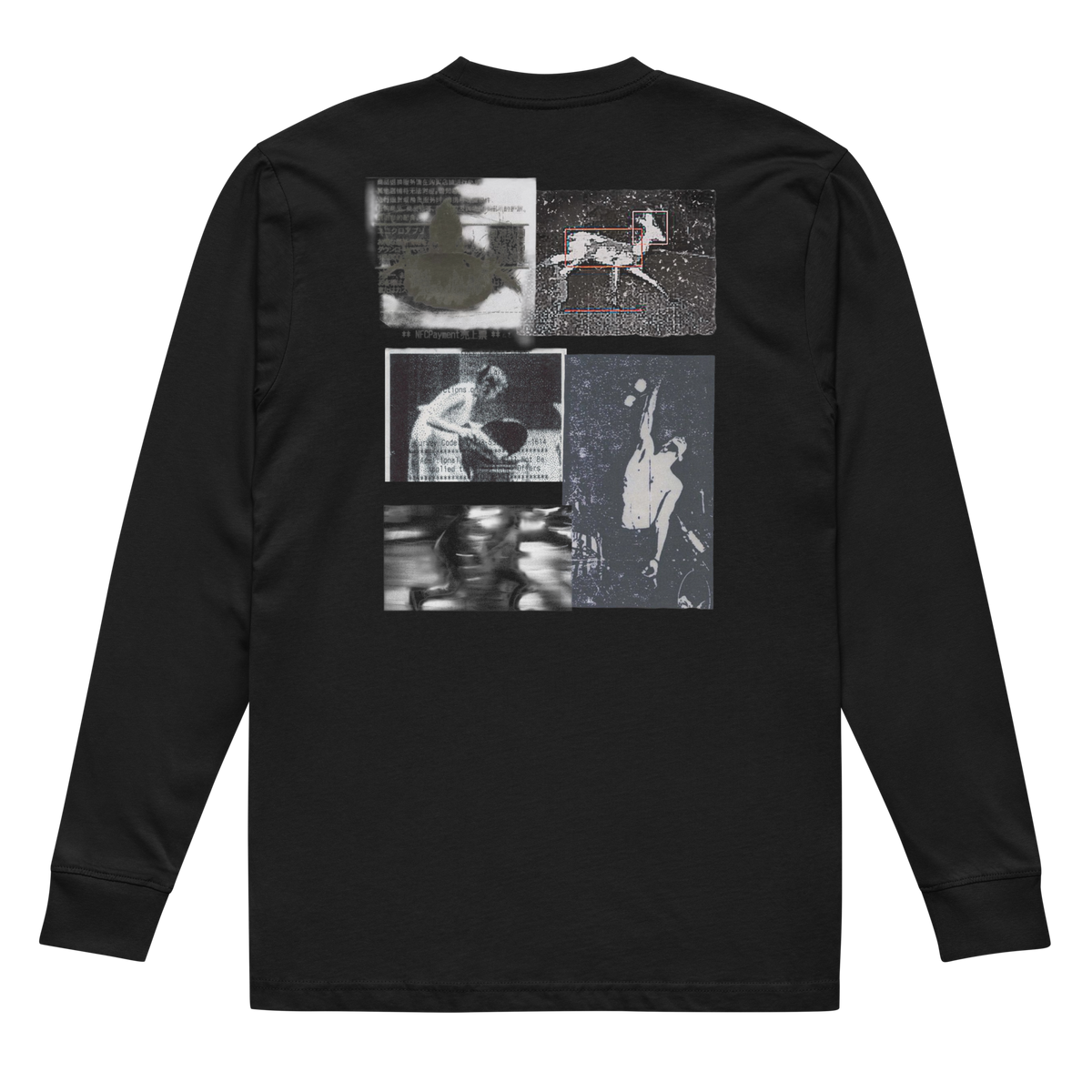 A black long-sleeve t-shirt shown from the back, featuring a four-panel graphic print on the upper back with black-and-white artistic and documentary-style images.