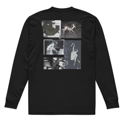 A black long-sleeve t-shirt shown from the back, featuring a four-panel graphic print on the upper back with black-and-white artistic and documentary-style images.