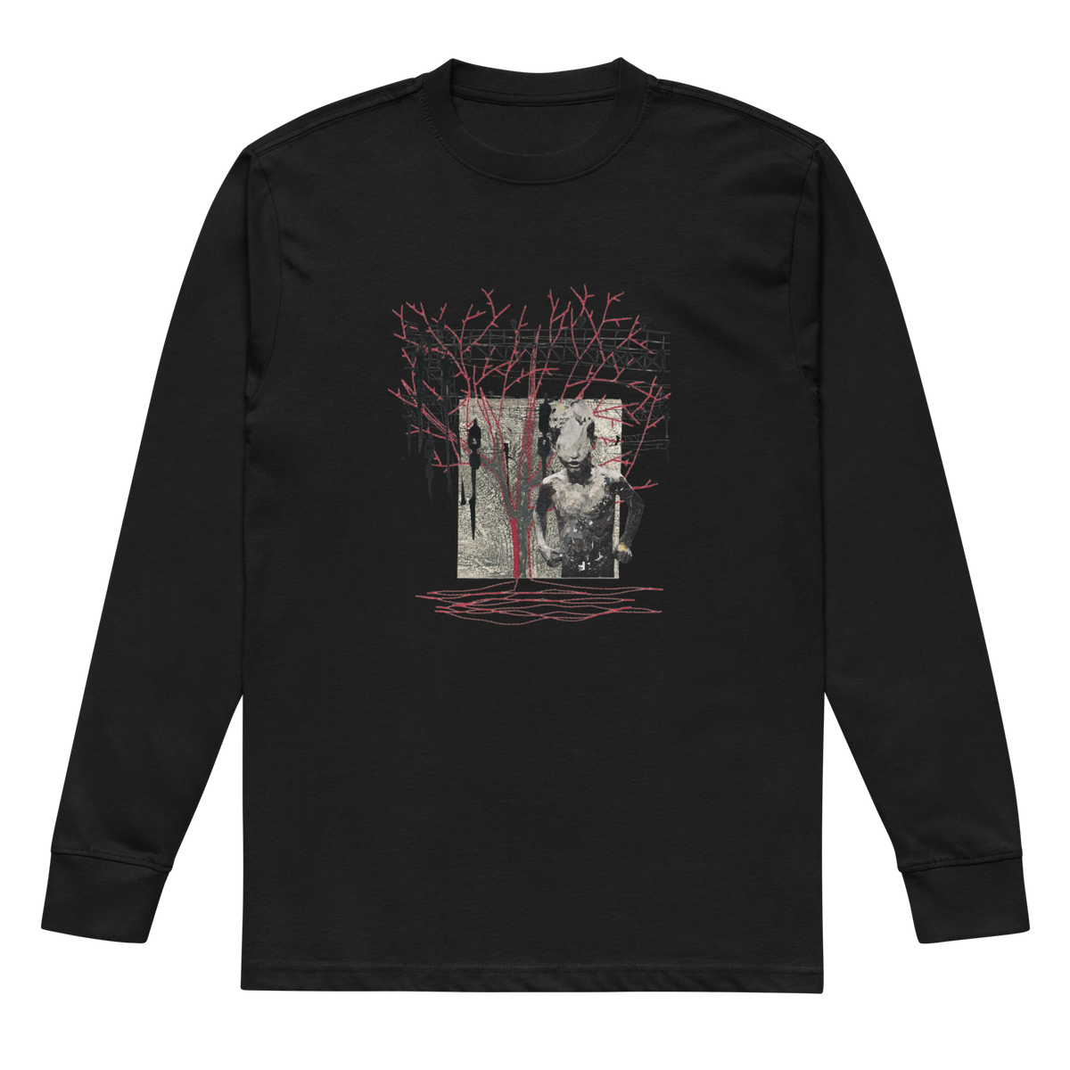 A black long-sleeve crewneck t-shirt with a graphic print on the chest depicting a stone statue, a red tree, and a dark figure, shown against a plain white background.