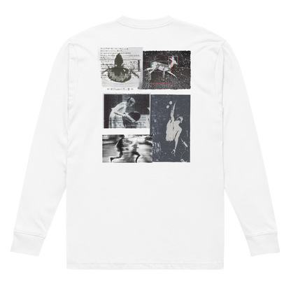 A white long-sleeve t-shirt shown from the back, featuring a large four-panel collage graphic on the upper back with black and white artistic prints.